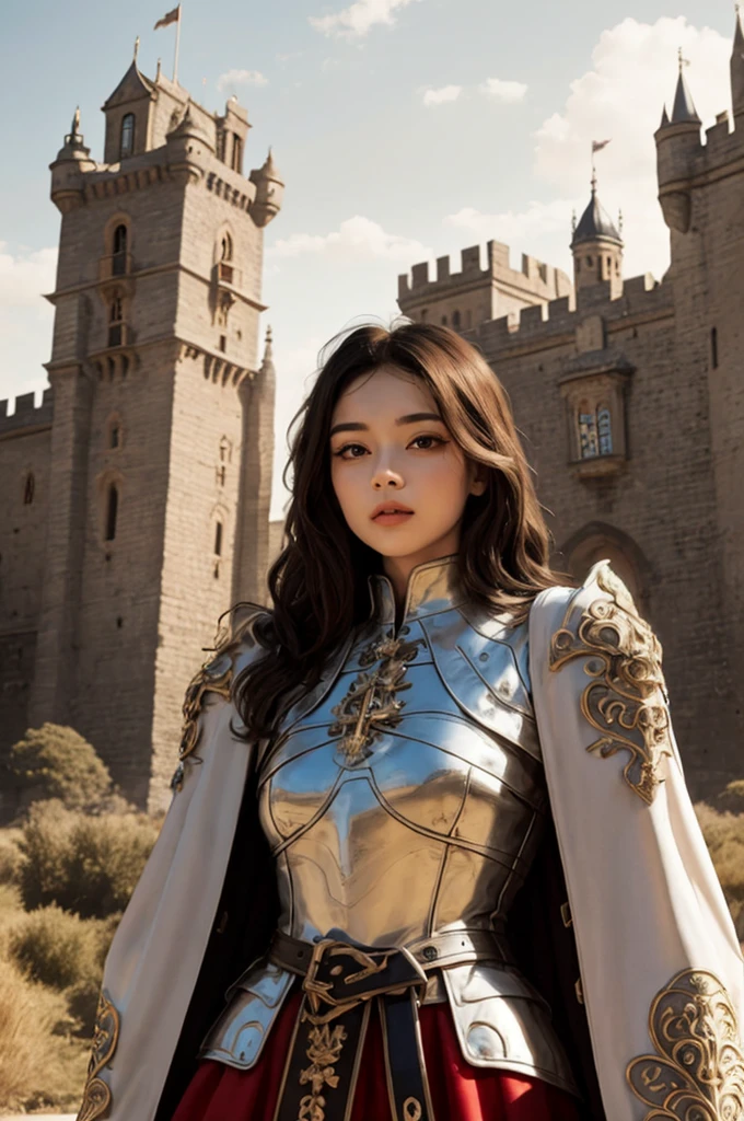 upper body focus, beautiful face, medieval setting, beautiful female knight wearing silver full body plate armor, brown long hair, facing the camera, beautiful golden brown eyes, castle in the background, ornate armor decorated in lion theme, red cloak