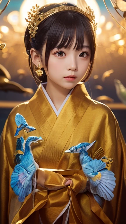 A collaboration between angels and sea creatures. An angel with golden angel wings.、Draw a fantastical scene of a group of dolphins swimming through the ocean.。
