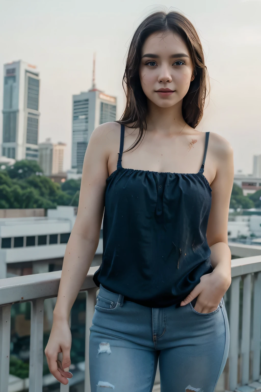 girl, solo ,masterpiece, best_quality, photoshoot, looking at camera, young adult , happy expression, (porcelain skin), brown eyes, (black hair), (messy hair), red and blue dress, jeans, white skin, night, jakarta background, Standing with bent legs, instagram trendings, clean