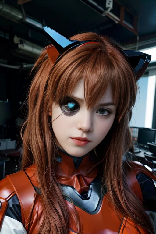 4K, 8K, (Masterpiece, best quality:1.2), blue eyes, perfect face, cosplay, professional photo, photo, photorealism, modelshoot style, portrait of shirogane, red plugsuit, Asuka shikinami soryu, black hat with cat ears ,eyepatch on left eye, tall muscular, cold stoic, aircraft carrier, beautiful face, realistic, korean