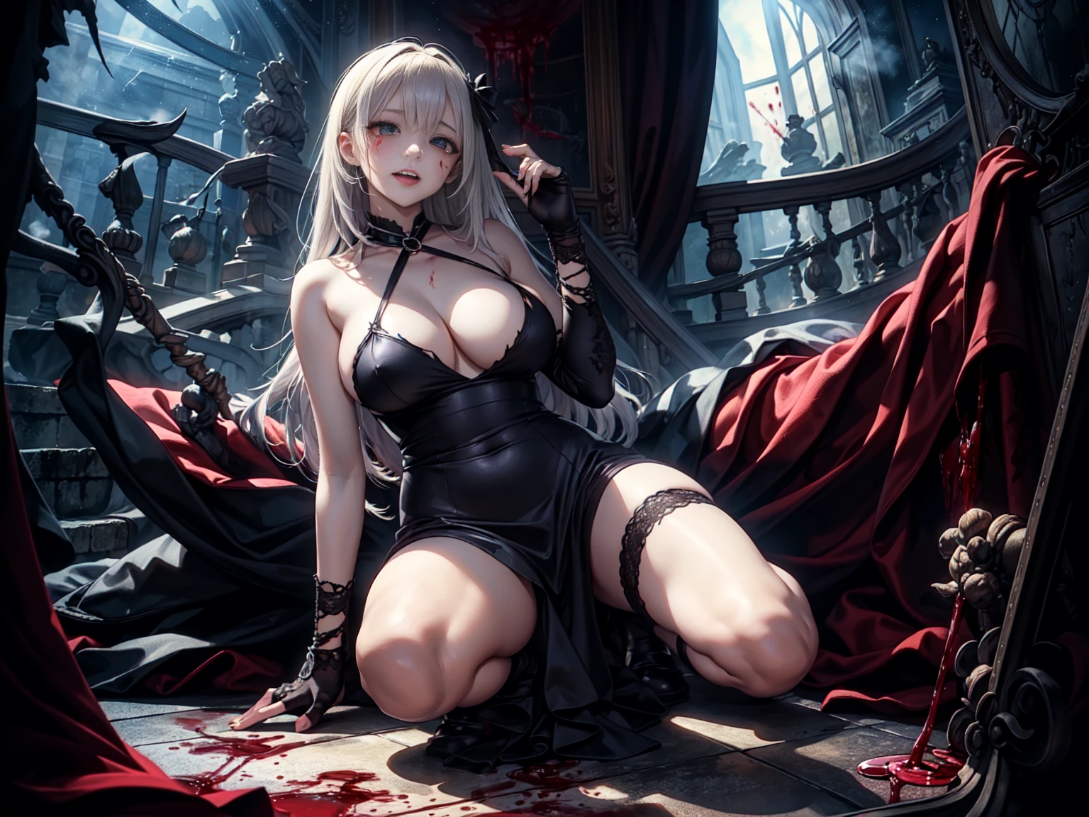 光死んだ腐ったBloodに飢えた邪悪なzombie, Girl Venom, 黒い共to be bornto be born物が付着している, Bloodまみれの, Evil look, Psychopathic, Torn clothes, Torn Costume, sexy, reveal, Combat Stance, Very detailed, Vibrant appearance, Creative Action, Very detailed, Imaginative, Sensual, Voluntary, all breasts, sexy, reveal, Highest quality, skinの質感, Intricate details, (Highest quality, masterpiece, 超High resolution), (8k wallpaper, High resolution, High resolution, to be born), (credibility: 1.4), (whole bodyショット), One Girl, ((Anime Girls)),,(Bloodしぶき:1.6), ((Fantasy Witch Costume)), ((Flowing white hair)), ,(Bloodしぶき:1.6),Female curves, Large Breasts, Thick thighs, sexyな平らなお腹, 完璧なhand, 完璧なアニメのface, ((dark lolita dress)), Are standing, ((邪悪な笑face)), ,(Bloodしぶき:1.6),Victorian cities, gaslight, Steam circulates, Moonlight Illumination, night間照明, A sky filled with stars and galaxies,(Bloodしぶき:1.6),アニメzombie魔女デザイン, ねじれた笑face、Bloodまみれの、頭からの出Blood、Bloodしぶき、,(Bloodしぶき:1.6),Crossbones, skull, Streetwear Design, protector, Horror Style, Full Design, Huge breasts, Very detailed, Realistic, Dark fantasy, Gloomy atmosphere, Intricate details, Crazy Smile, 狂ったeye, A cute and stylish hair band,(masterpiece:1.2, Highest quality), Scary atmosphere、Distorted facial expressions、Horror Art、Bloodの雨、Bloodを流す、Bloodしぶき,(Bloodしぶき:1.6),悪魔のeye、greenいeye、scar、火scar、whole body、Torn hair of a woman dressed in slave clothing、（Long Hair）、（eyeにかかる長さの前髪）、Black Hair、（（（eyeの下のクマ）））、green白いskin、Feeling unwell、Pathological、邪悪な笑face、狂ったeye、（Grin）Dramatic makeup，Create mixed media art、,Horror 1 Girl, Open_mouth, , green_eye, Blood, Tilt_red_skin, Injury, Blood_In addition_face, Bandaged_arm, Blood_In addition_zombie, Blood_In addition_hand　, Open your eyelids wide, The trend is all, mouthを大きくOpen, mouthを開けてteethをむき出しにする,獣のような鋭いteeth, Wide lips, 非常に広いmouth, Vermilion cheeks, blonde, ,(Bloodしぶき:1.6),Princess Cut, Ribbon hair ornament, brooch, Otaku Room, Well-built body, Nice body, Ample breasts, Thick body,eyeを大きく開いて、Scary atmosphere、Distorted facial expressions、ねじれた笑face、Bloodまみれの、頭からの出Blood、Bloodしぶき、whole body、,(Bloodしぶき:1.6),Long Hair、Long bangs、Well-built,Broad shoulders,I focus,(face),Messy Hair,いeye,(光るeye),green信号,笑face,big 笑face,teeth,psycho 笑face,gesugao,Dark city background,darkness,night,(close),良いeye, 良いteeth,サディスティックな笑face,,all,光沢のあるskin,詳細なface,Beautiful body,　mouthからの白い息　Luxurious lace long gloves