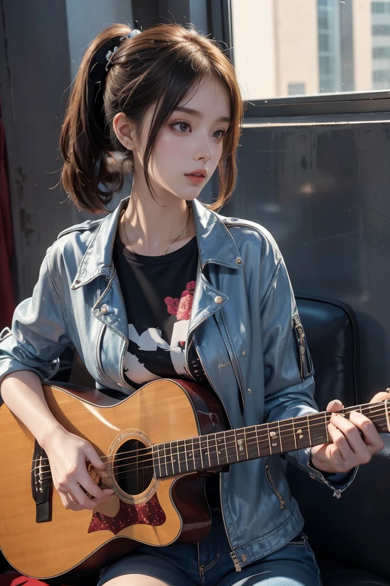 Girl with guitar and jacket, artwork in the style of Gu Weiss, Gu Weiss, Gu Weiss masterpiece, the guitar player, IG model | Atjem, Popular on cgstation, author:Yang J, guitar solo, Rose Tran's style, ross trans style, The album cover, inspired by Yanjun Cheng