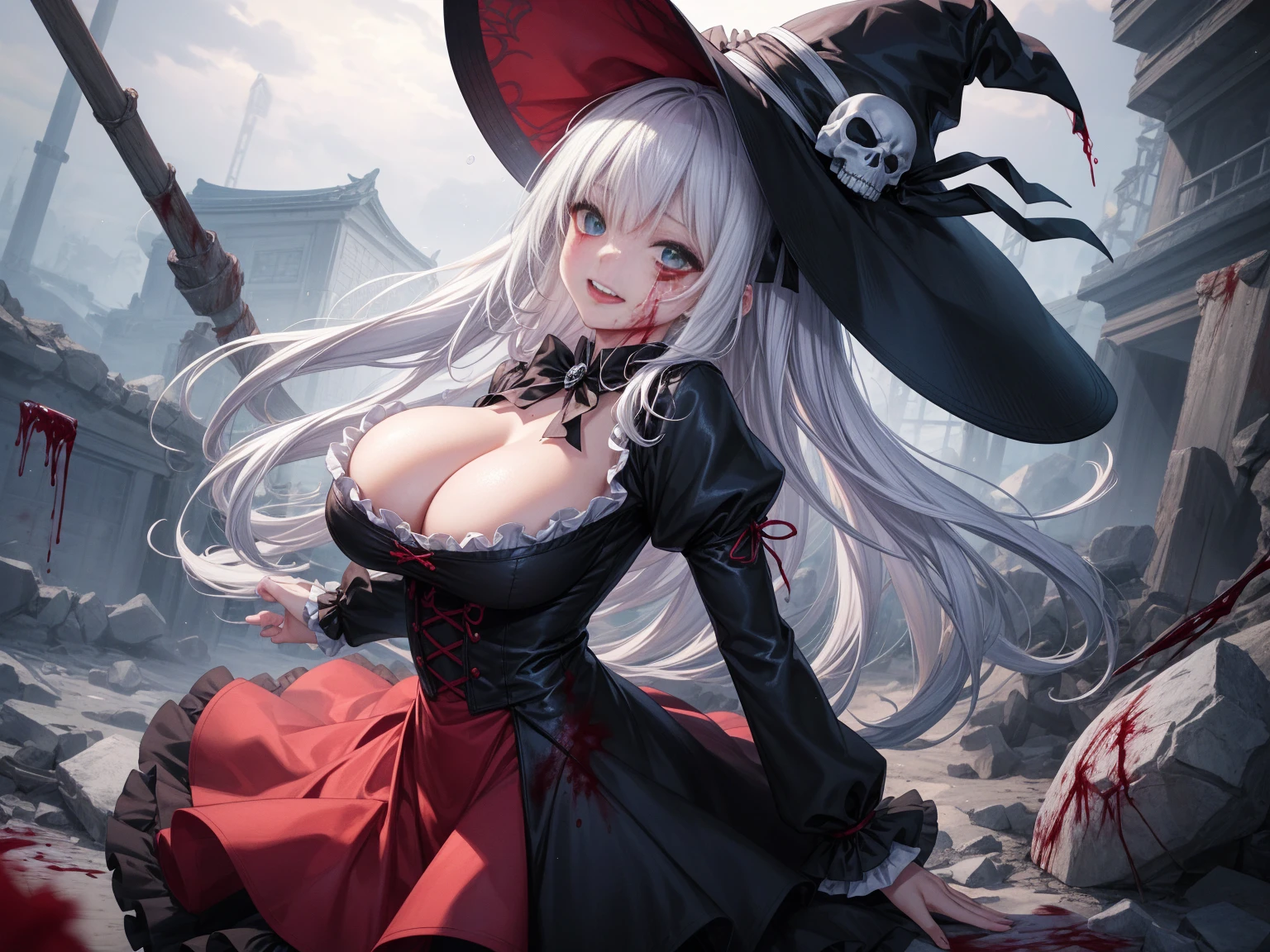 光死んだ腐ったBloodに飢えた邪悪なzombie, Girl Venom, 黒い共to be bornto be born物が付着している, Bloodまみれの, Evil look, Psychopathic, Torn clothes, Torn Costume, sexy, reveal, Combat Stance, Very detailed, Vibrant appearance, Creative Action, Very detailed, Imaginative, Sensual, Voluntary, all breasts, sexy, reveal, Highest quality, skinの質感, Intricate details, (Highest quality, masterpiece, 超High resolution), (8k wallpaper, High resolution, High resolution, to be born), (credibility: 1.4), (whole bodyショット), One Girl, ((Anime Girls)),,(Bloodしぶき:1.6), ((Fantasy Witch Costume)), ((Flowing white hair)), ,(Bloodしぶき:1.6),Female curves, Large Breasts, Thick thighs, sexyな平らなお腹, 完璧なhand, 完璧なアニメのface, ((dark lolita dress)), Are standing, ((邪悪な笑face)), ,(Bloodしぶき:1.6),Victorian cities, gaslight, Steam circulates, Moonlight Illumination, night間照明, A sky filled with stars and galaxies,(Bloodしぶき:1.6),アニメzombie魔女デザイン, ねじれた笑face、Bloodまみれの、頭からの出Blood、Bloodしぶき、,(Bloodしぶき:1.6),Crossbones, skull, Streetwear Design, protector, Horror Style, Full Design, Huge breasts, Very detailed, Realistic, Dark fantasy, Gloomy atmosphere, Intricate details, Crazy Smile, 狂ったeye, A cute and stylish hair band,(masterpiece:1.2, Highest quality), Scary atmosphere、Distorted facial expressions、Horror Art、Bloodの雨、Bloodを流す、Bloodしぶき,(Bloodしぶき:1.6),悪魔のeye、greenいeye、scar、火scar、whole body、Torn hair of a woman dressed in slave clothing、（Long Hair）、（eyeにかかる長さの前髪）、Black Hair、（（（eyeの下のクマ）））、green白いskin、Feeling unwell、Pathological、邪悪な笑face、狂ったeye、（Grin）Dramatic makeup，Create mixed media art、,Horror 1 Girl, Open_mouth, , green_eye, Blood, Tilt_red_skin, Injury, Blood_In addition_face, Bandaged_arm, Blood_In addition_zombie, Blood_In addition_hand　, Open your eyelids wide, The trend is all, mouthを大きくOpen, mouthを開けてteethをむき出しにする,獣のような鋭いteeth, Wide lips, 非常に広いmouth, Vermilion cheeks, blonde, ,(Bloodしぶき:1.6),Princess Cut, Ribbon hair ornament, brooch, Otaku Room, Well-built body, Nice body, Ample breasts, Thick body,eyeを大きく開いて、Scary atmosphere、Distorted facial expressions、ねじれた笑face、Bloodまみれの、頭からの出Blood、Bloodしぶき、whole body、,(Bloodしぶき:1.6),Long Hair、Long bangs、Well-built,Broad shoulders,I focus,(face),Messy Hair,いeye,(光るeye),green信号,笑face,big 笑face,teeth,psycho 笑face,gesugao,Dark city background,darkness,night,(close),良いeye, 良いteeth,サディスティックな笑face,,all,光沢のあるskin,詳細なface,Beautiful body,　mouthからの白い息　Luxurious lace long gloves