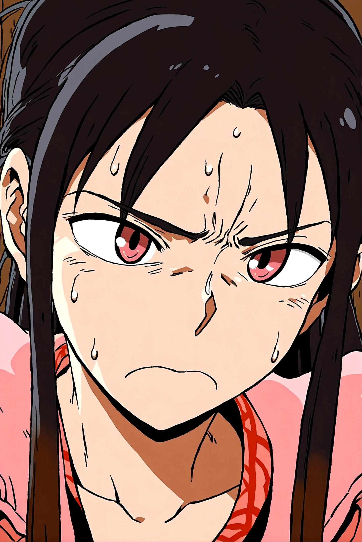 Pink clothing,Sweat on the face,Long and thin face,(Illustration style,Miyazaki animation style)