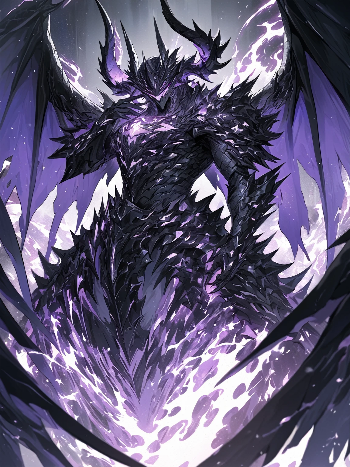 Masterpiece, Very detailed, ultra detailed, one, (1 man), man with a V-shaped body, Gray skin colour, dragon horns, two large dragon wings, full detailed dark obsidian armor with light purple details that seemed like a purple fire. Long black hair combed back, and reptile eyes that shine crimson-purple. In the style of manhwa "Omniscient Reader's Viewpoint"