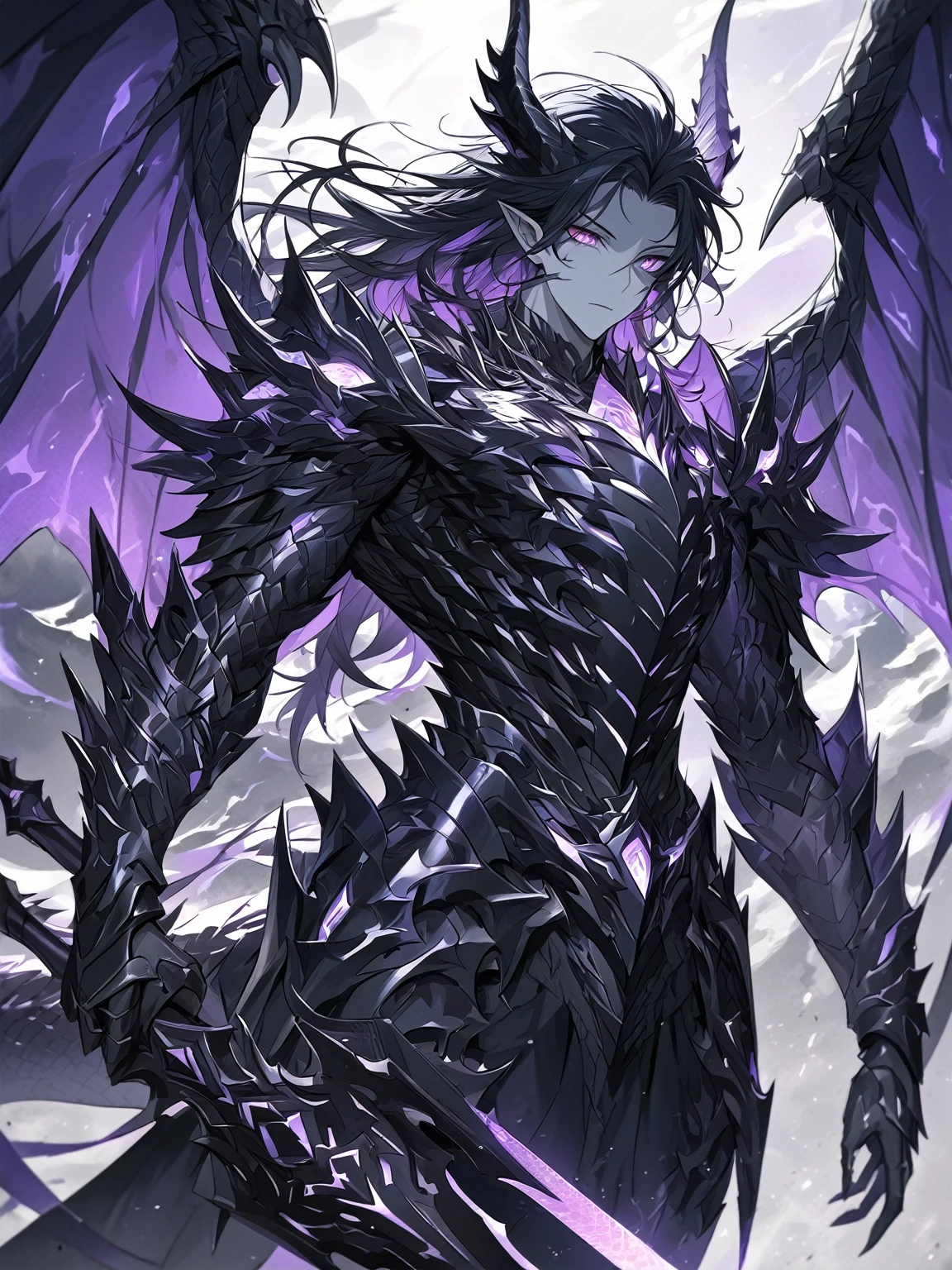 Masterpiece, Very detailed, ultra detailed, one, (1 man), man with a V-shaped body, Gray skin colour, dragon horns, two large dragon wings, full detailed dark obsidian armor with light purple details that seemed like a purple fire. Long black hair combed back, and reptile eyes that shine crimson-purple. In the style of manhwa "Omniscient Reader's Viewpoint"