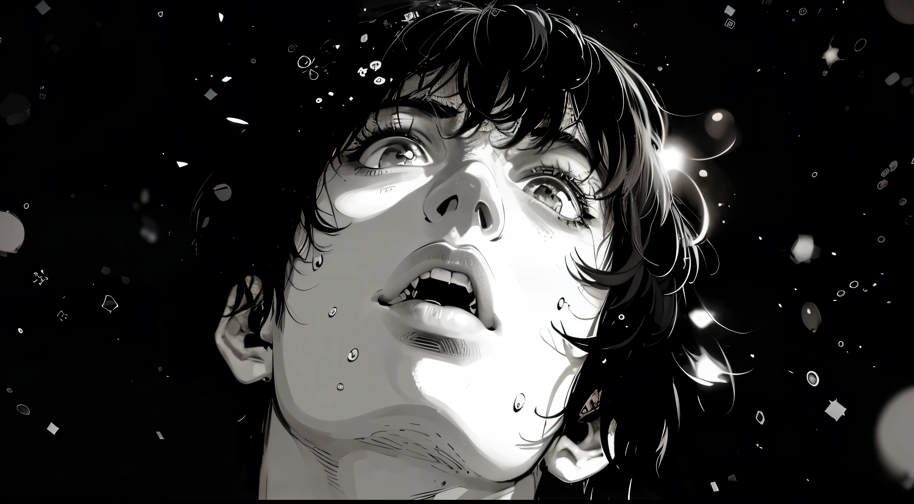 Image of a man with a surprised look on his face, in style of Laurie Greasley, Martin then, by satoshi kon, the comic book sandman, style of Guido Crepax, Laurie Greasley, official illustration, graphic novel art, Guido Crepax, tint and screentone, Frenetic art style, graphic novel style, The background of the image is black, with small bubbles or scattered white dots, giving the sensation of being underwater or in space, The central figure is a person's face, drawn in manga style, The facial expression is one of surprise or shock, with mouth open and eyes wide open looking up , details face,large, expressive eyes, with lots of details in the irises and pupils, in addition to light reflections, half open mouth, showing some teeth and tongue, Nose Detailed with shadows to give depth, Wet and disheveled hair, with strands falling over the forehead and a few drops of water visible, Shadows and Lighting There is a sharp contrast between light and shadow on the character's face, with illuminated areas suggesting reflections of bright lights, possibly from the bubbles or spots around,Some drops of water are scattered across the character's face and hair, reinforcing the sensation of being wet or underwater