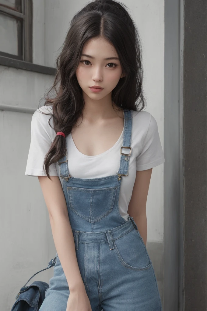 a photo of pho3b3cat3s, beautiful woman, ((24 years old)), street, tshirt, denim overalls, 1980s, retro, long wavy dark hair ponytail, (masterpiece), (extremely detailed CG unity 8k wallpaper), Intricate, ((photorealistic)),