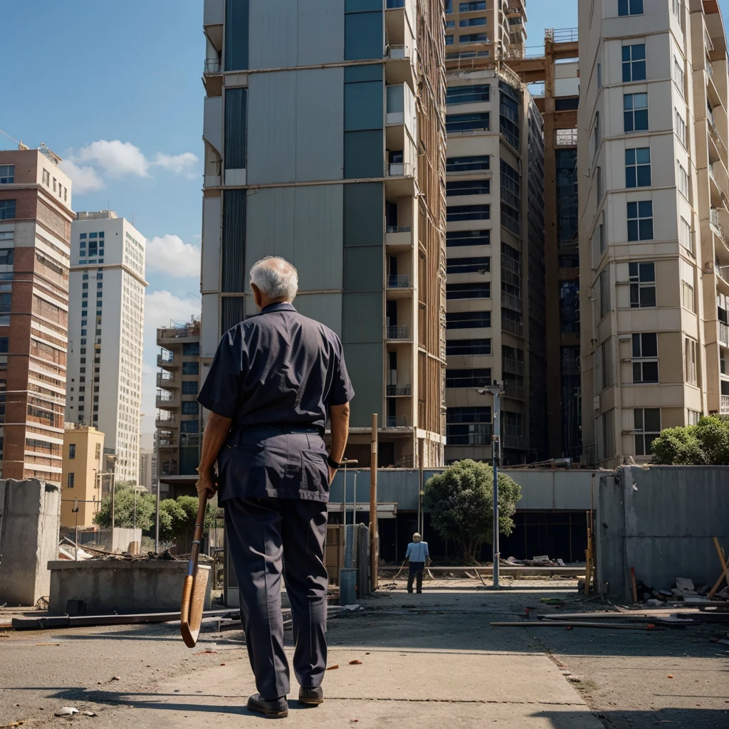 An image of a retiree in his 70s, well dressed, with a cane, looking back at the construction of a block of buildings, without being finished,  with tall construction cranes