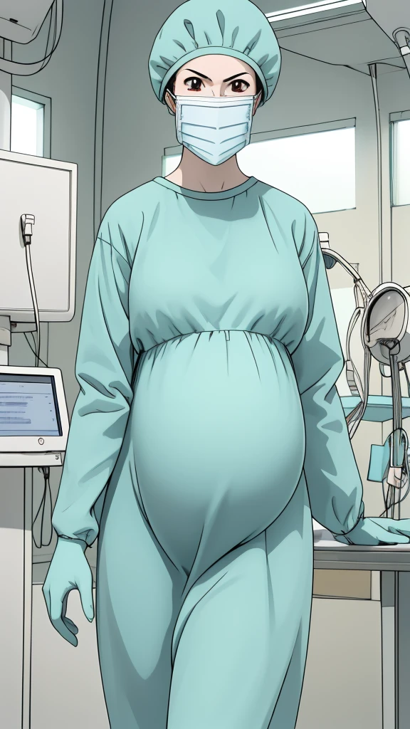 masterpiece, highest quality, source_anime, the view is turned slightly to the side, (RAW photo, best quality), 1girl, frown, pale skin, shy eyes, big breasts, big tits, pregnant, stand, natural lighting, solo, hospital, in the operating room, operating room background, 
ray kasugano, pregnant with big belly, even though she's pregnant, she has a good figure, (give a score of 9_give a score of 8_give a score of 7) long sleeve Surgical dress, bouffant cap, cover the ears, surgical mask, long surgical gloves, 