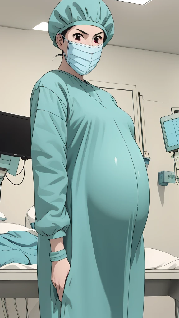 masterpiece, highest quality, source_anime, the view is turned slightly to the side, (RAW photo, best quality), 1girl, frown, pale skin, shy eyes, big breasts, big tits, pregnant, stand, natural lighting, solo, hospital, in the operating room, operating room background,
ray kasugano, pregnant with big belly, even though she's pregnant, she has a good figure, (give a score of 9_give a score of 8_give a score of 7) long sleeve Surgical dress, bouffant cap, cover the ears, surgical mask, long surgical gloves,