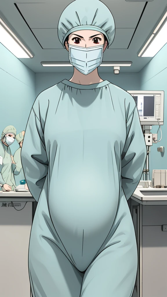 masterpiece, highest quality, source_anime, the view is turned slightly to the side, (RAW photo, best quality), 1girl, frown, pale skin, shy eyes, big breasts, big tits, pregnant, stand, natural lighting, solo, hospital, in the operating room, operating room background, 
ray kasugano, pregnant with big belly, even though she's pregnant, she has a good figure, (give a score of 9_give a score of 8_give a score of 7) long sleeve Surgical dress, bouffant cap, cover the ears, surgical mask, long surgical gloves, 