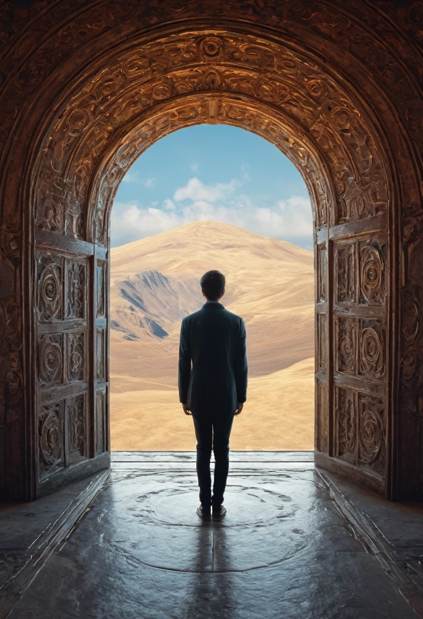 Image of a person entering a portal , portal similar to a mirrior , person reflecting in the portal 