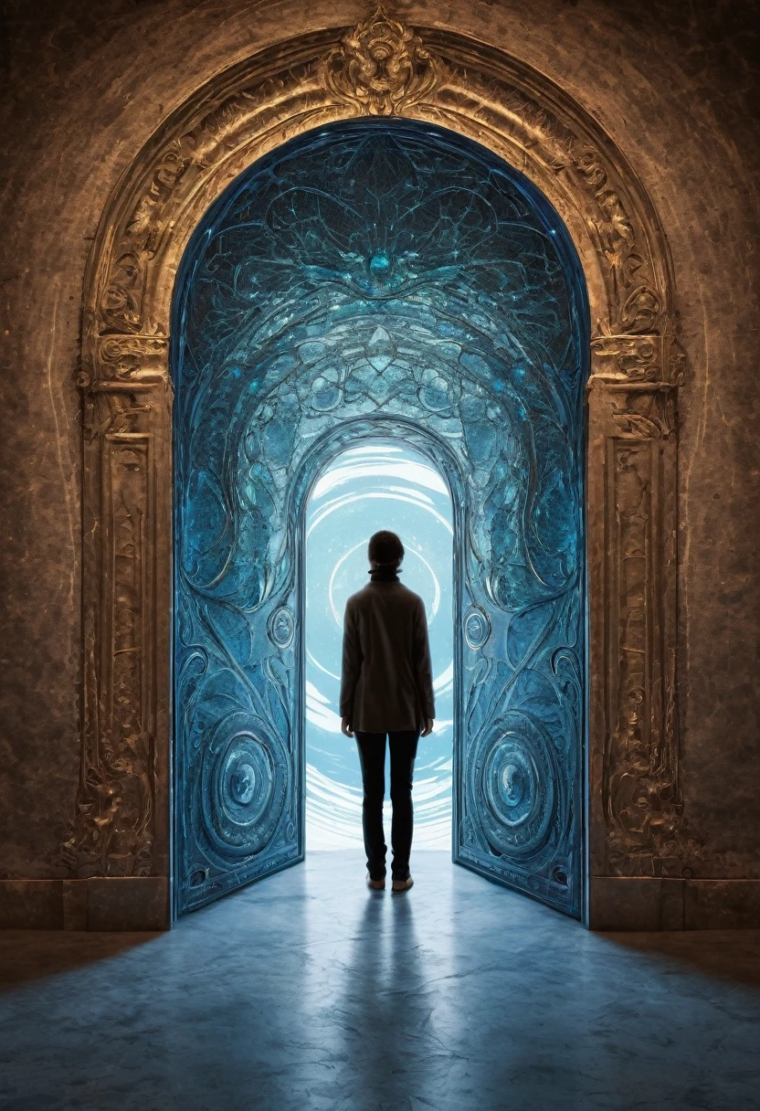 Image of a person entering a portal , portal similar to a mirrior , person reflecting in the portal