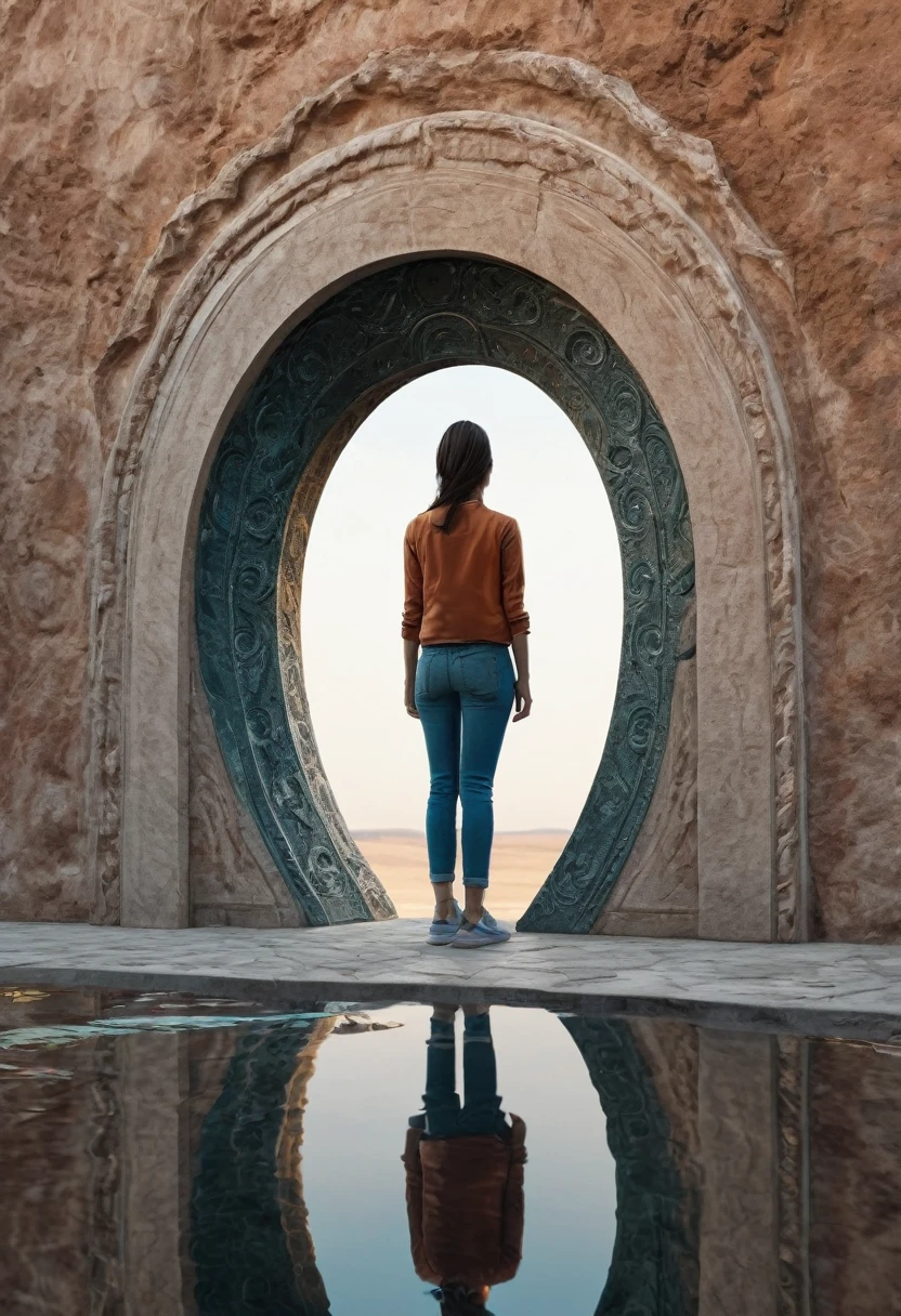 Image of a person entering a portal , portal similar to a mirrior , person reflecting in the portal