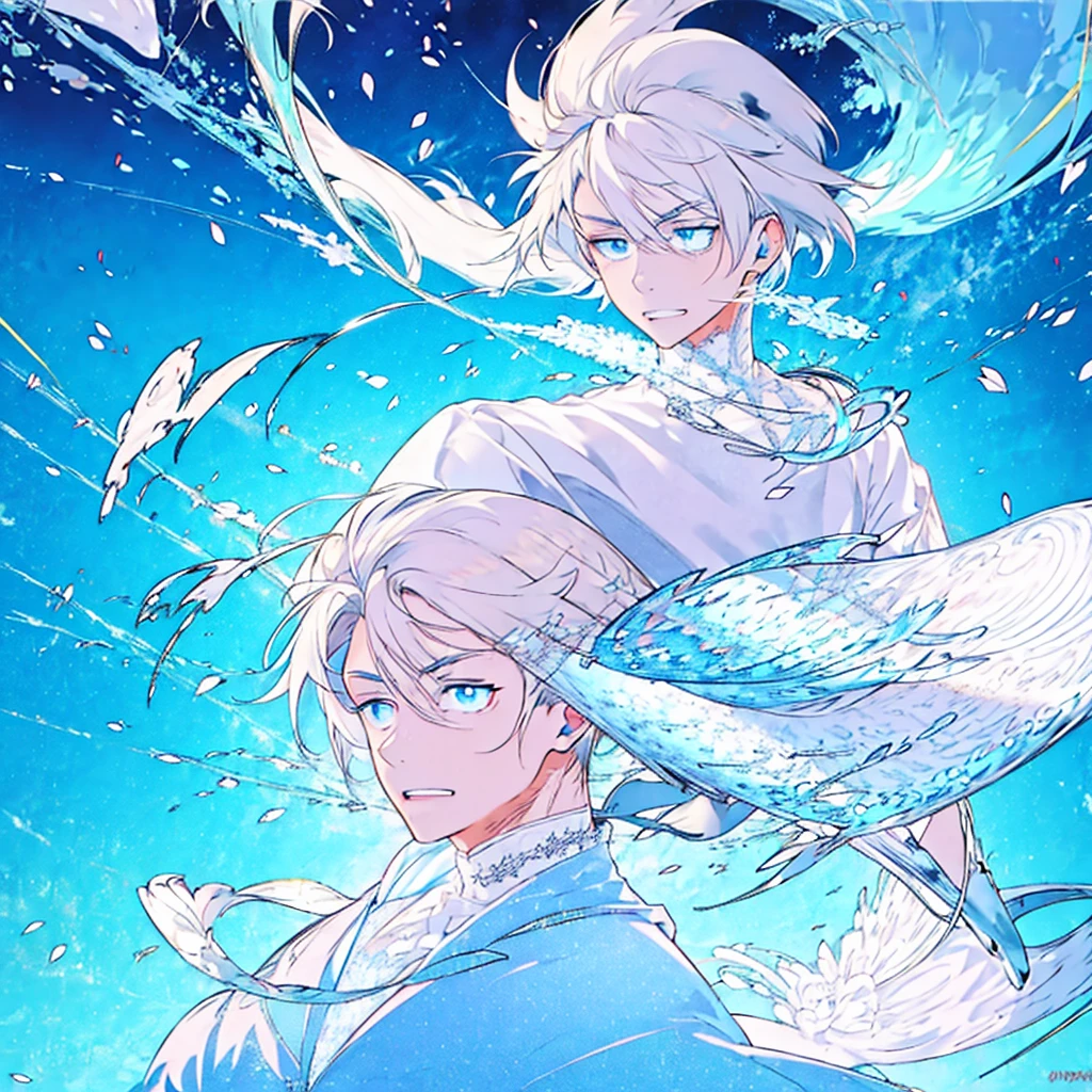 masterpiece , best quality , 1boy, white hair, blue eyes, White suit , ice , sword , anime , sky , glass , king