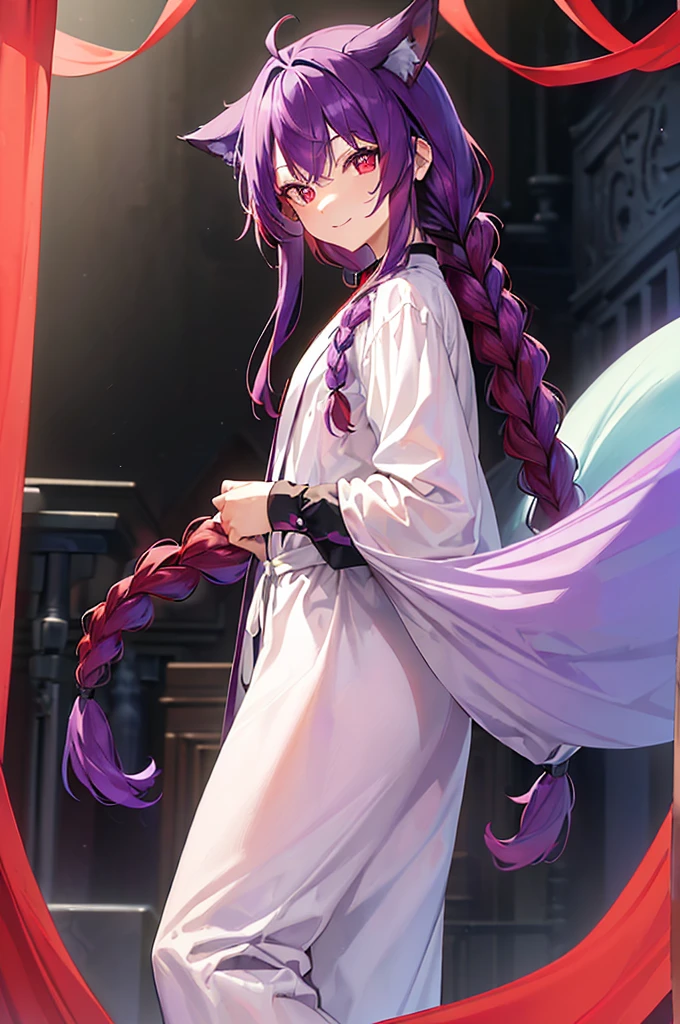 (((Purple Hair、Dye the inside of your hair red、Long Hair、Knot、Braid、Bright red eyes)))A man wearing a black robe、Smiling young man、Man standing facing forward、（（（A boy standing with a stick）、（White background）、{{masterpiece}}, The best quality of life、Fox ears、Fox&#39;s Tail、Fantasy