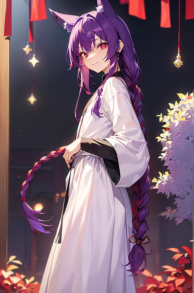 (((Purple Hair、Dye the inside of your hair red、Long Hair、Knot、Braid、Bright red eyes)))A man wearing a black robe、Smiling young man、Man standing facing forward、(((A boy standing with a stick)、(White background)、{{masterpiece}}, The best quality of life