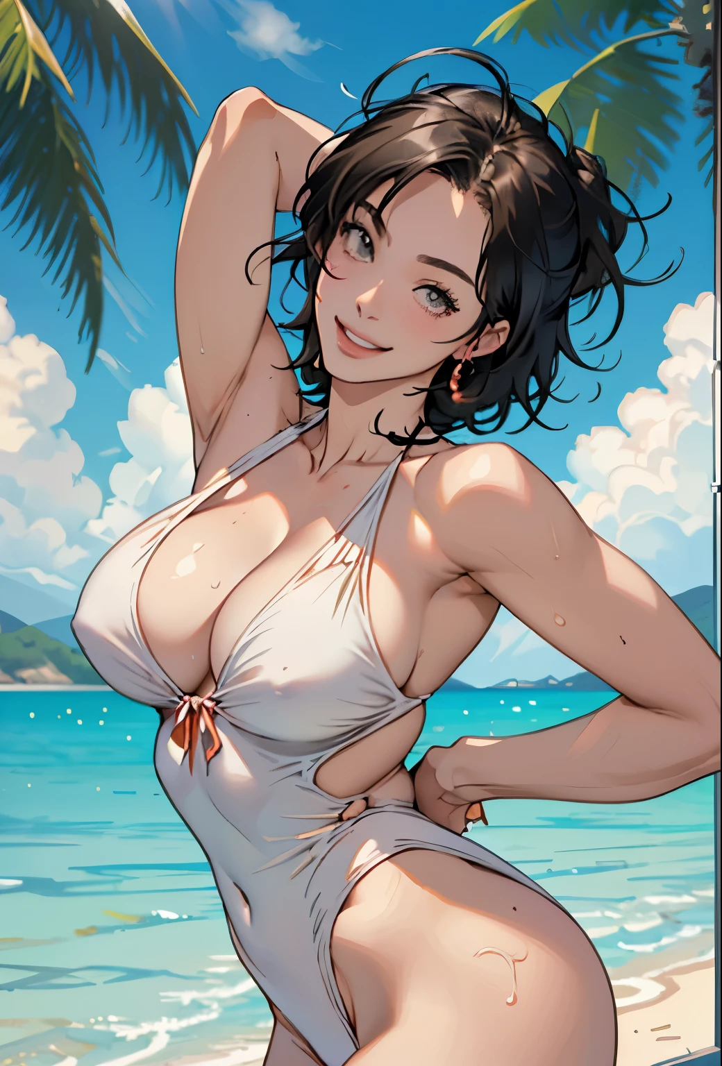 Realistic、Face reality、With a girl、Swimwear、Sexy smile、My breasts have gotten a little bigger、Sexy pose、From the front it looks like a one-piece, but from the back it looks like a mono bikini、