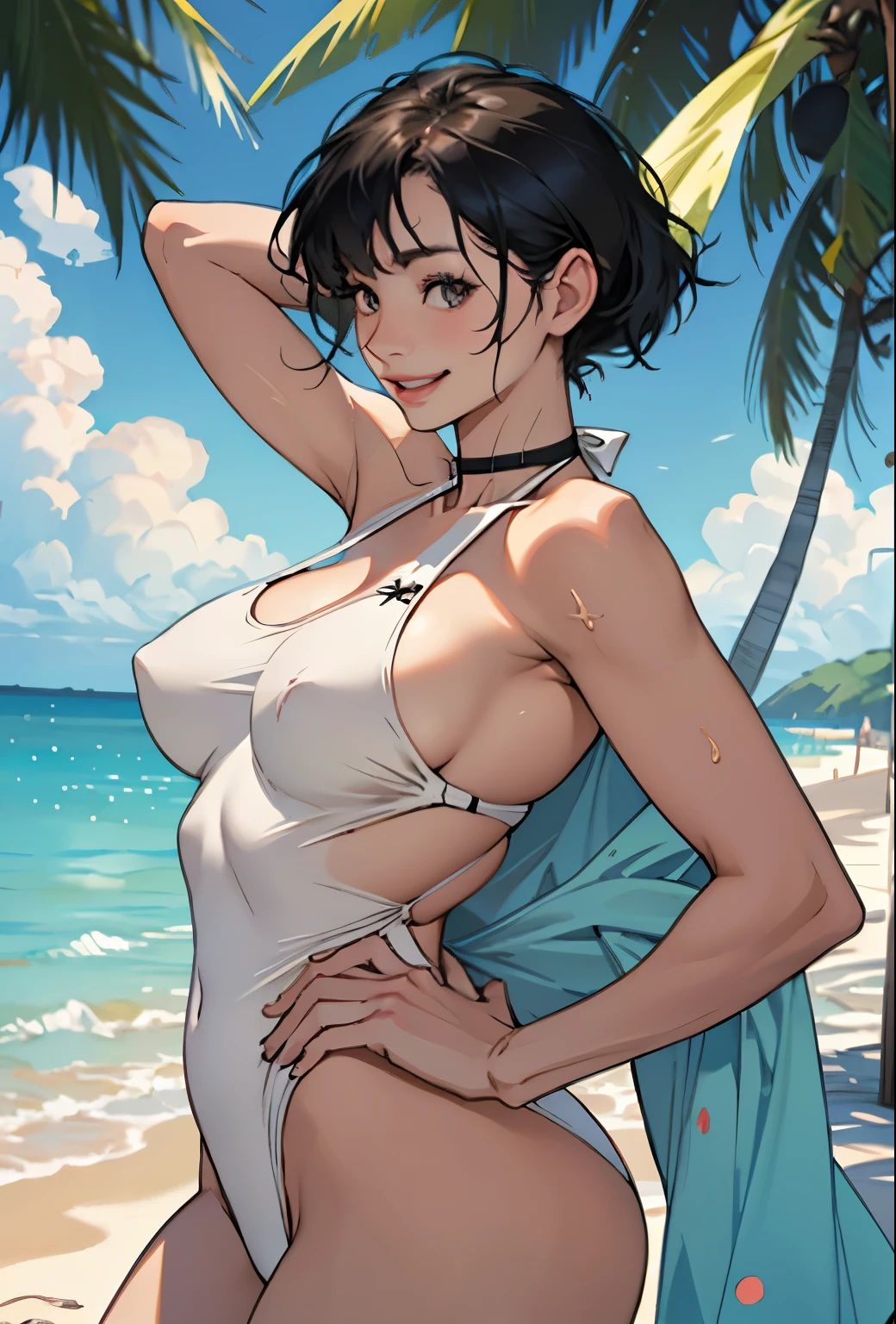 Realistic、Face reality、With a girl、Swimwear、Sexy smile、My breasts have gotten a little bigger、Sexy pose、From the front it looks like a one-piece, but from the back it looks like a mono bikini、