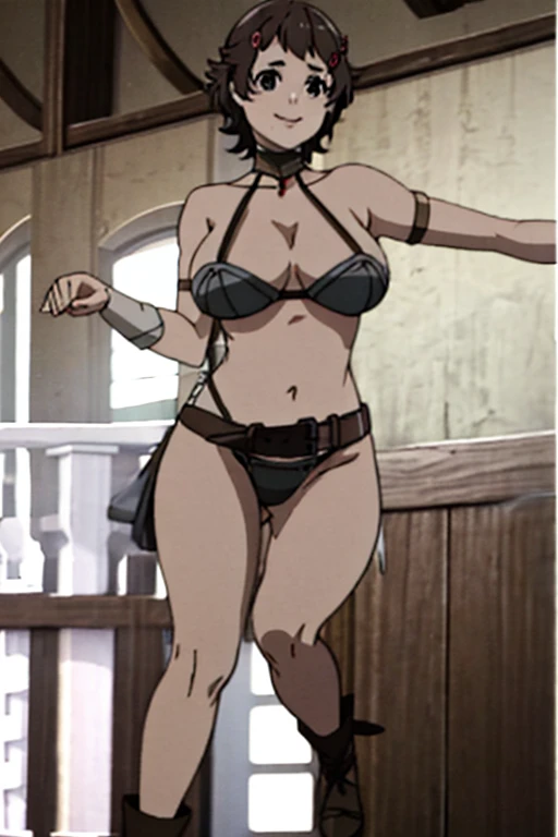 masterpiece, best quality, beautiful art, high resolution, well formed hands, body and fingers, 1 woman, solo, Xiangling , full body , grown up, adult, huge and round breasted, cleavage, hair ornament, wearing a Vierra outfit , bikini_armor, full body, sexy and skimpy bikini, red boots, gorgeous hips, legs and thighs bouncing breasts, dancing seductively and erotically, turning around , bikini thong, shaking her body alluringly, smiling joyfully, looking at the viewer, sweating , flirting, beach environment
