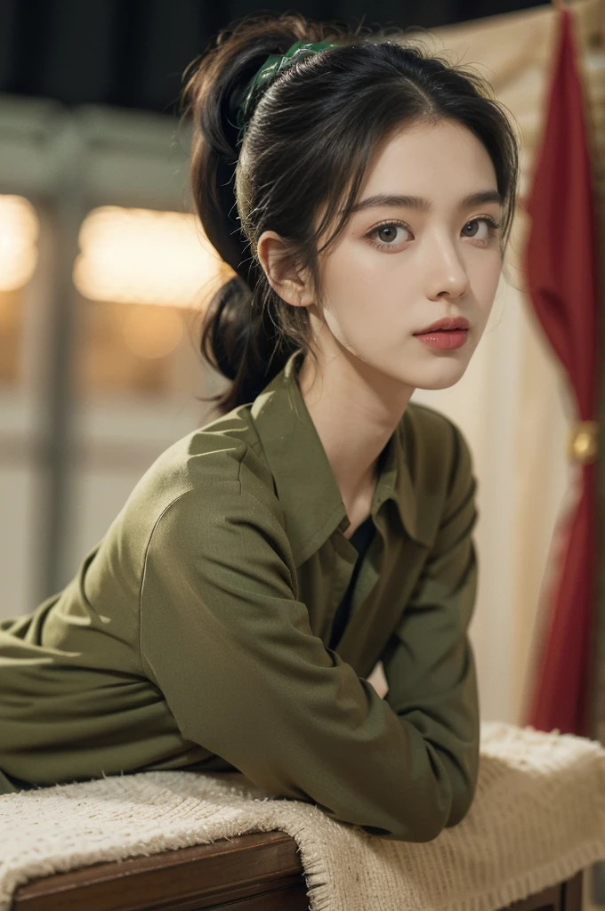 (((best quality))),(((ultra detailed))),(((masterpiece))),illustration,((1 beautiful young girl,female soldier,solo)),(short black ponytail:1.2),((slim,thin)),((small breasts,flat chest)),determined,professional,demeanor,(light green collared short-sleeved shirt:1.3),(dark green pleated skirt:1.2),(slender legs:1.2),military,affiliation,background,military conference room,walls,maps,battlefields,strategic points,markings,(large red flag),nation's unity,strength,seriousness,planning,important discussion,rigid posture,focused expression,confidence,respectability,bright intense eyes,analyzing situation,contribute thoughts,ideas,charm,powerful,intense atmosphere,freezes moment in time,essence,striking appearance,(night scene:1.2),((from front,upper body))