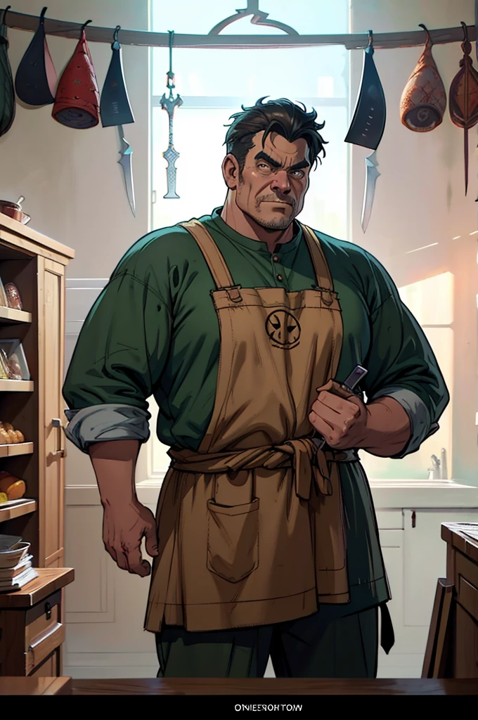 a cartoon image of a man with a knife in his hand, big Metzger man posing scarily, Ogre chef in an apron, Illustration concept art, extremely realistic concept art, realistic character concept art, He has big knives on his belt, Concept art illustration, Concept art by Greg Rutkowski, extremely detailed concept art, Metzger, professional concept art, senior concept artist