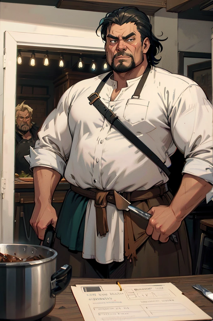 a cartoon image of a man with a knife in his hand, big Metzger man posing scarily, Ogre chef in an apron, Illustration concept art, extremely realistic concept art, realistic character concept art, He has big knives on his belt, Concept art illustration, Concept art by Greg Rutkowski, extremely detailed concept art, Metzger, professional concept art, senior concept artist