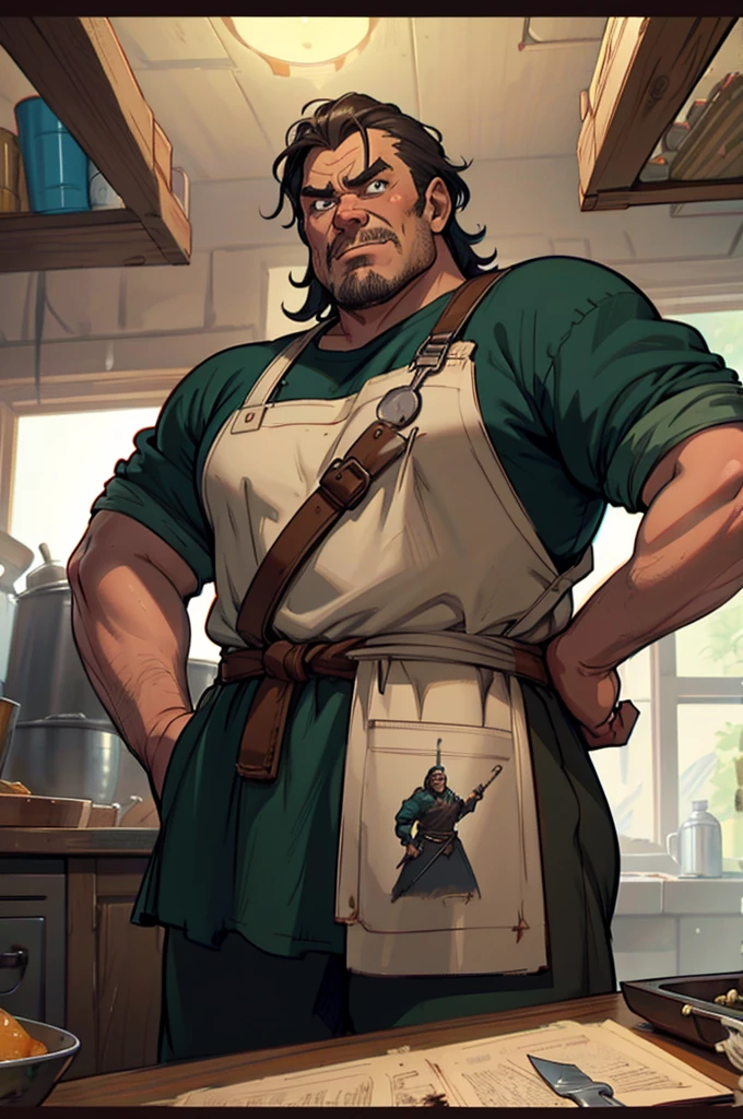 a cartoon image of a man with a knife in his hand, big Metzger man posing scarily, Ogre chef in an apron, Illustration concept art, extremely realistic concept art, realistic character concept art, He has big knives on his belt, Concept art illustration, Concept art by Greg Rutkowski, extremely detailed concept art, Metzger, professional concept art, senior concept artist