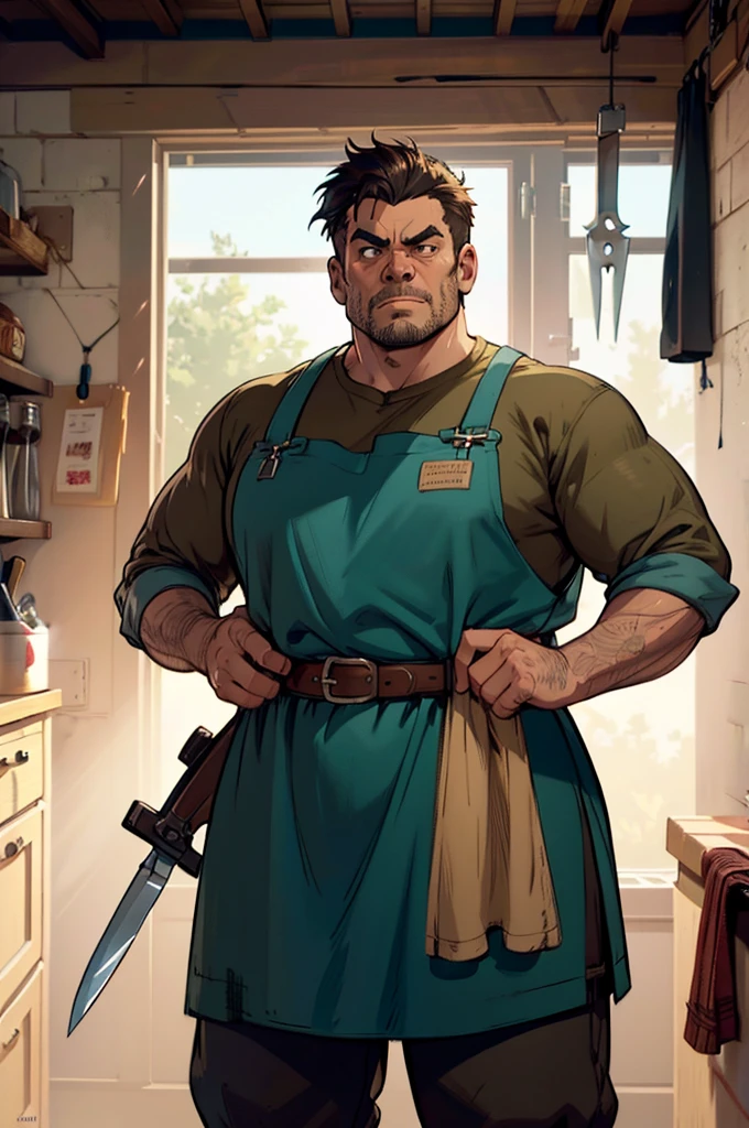 a cartoon image of a man with a knife in his hand, big Metzger man posing scarily, Ogre chef in an apron, Illustration concept art, extremely realistic concept art, realistic character concept art, He has big knives on his belt, Concept art illustration, Concept art by Greg Rutkowski, extremely detailed concept art, Metzger, professional concept art, senior concept artist