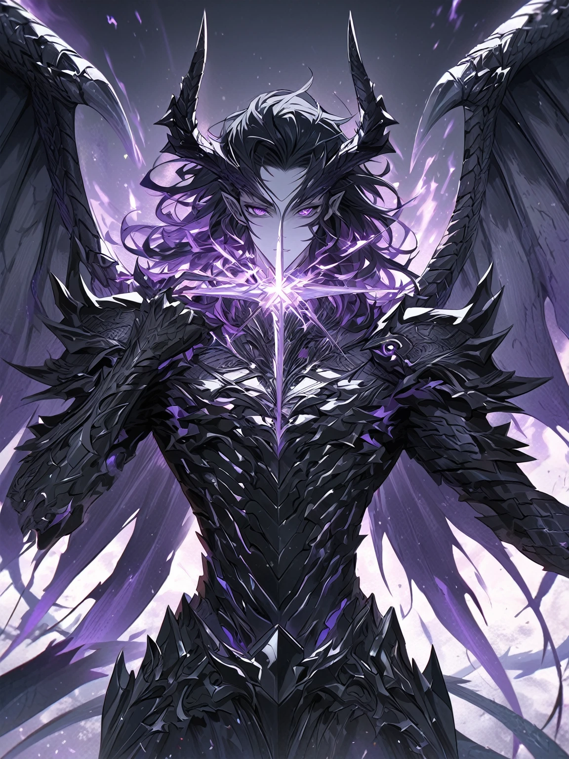 Masterpiece, Very detailed, ultra detailed, one, (1 man), man with a V-shaped body, Gray skin colour, dragon horns, two large dragon wings, full detailed dark obsidian armor with light purple details that seemed like a purple fire. Long black hair combed back, and reptile eyes that shine crimson-purple. In the style of manhwa "Omniscient Reader's Viewpoint"