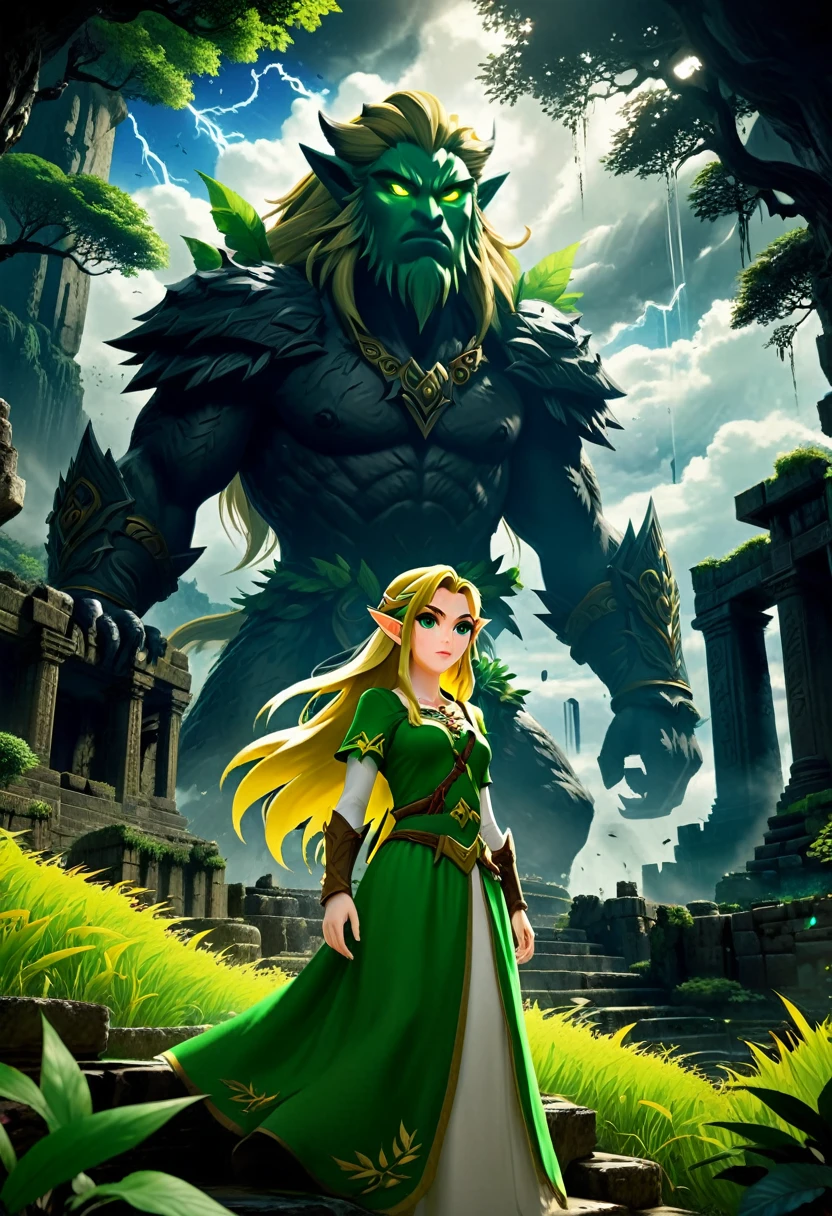 The Legend of Zelda、Impressive green eyes、Long eyelashes、Delicate nose、Beautiful and delicate Princess Zelda with plump lips、Posing gracefully in a dark fantasy landscape、Dramatic storm clouds in the sky、The dark trees that surround her々々Ancient ruins with leaves remaining、A giant shadow monster lurks in the background、Cinema Lighting、Complex and detailed texture、Vibrant colors、Digital Art、Concept Art、Matte Paint、Unreal Engine、8K、Very sophisticated、Realistic、EdobHorrorLandscape