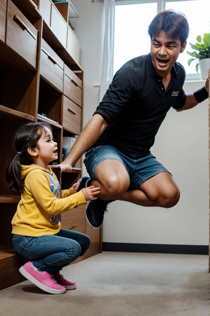 One is playing with his younger daughter and is jumping loudly