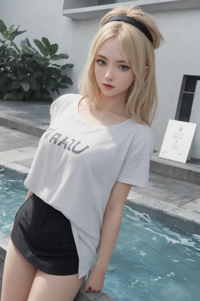Create a photo realistic young woman with blonde hair (length until her shoulders), blue eyes and large . She wears a white t-shirt, round neck, long fit and short sleeves, without a bra, and she also wears a uni color black cotton mini skirt. She climbs out a swimming pool, dripping wet. The t-shirt clings to her body and is a little transparent. Full body, wide angle shot.  