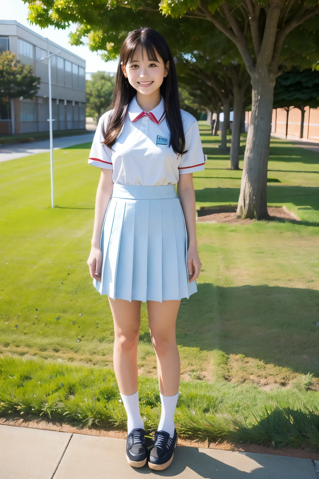 Standing on the roof of an empty school、Japanese high school girls、Cute face、Long black hair、Short sleeve summer uniform、miling、Full body portrait