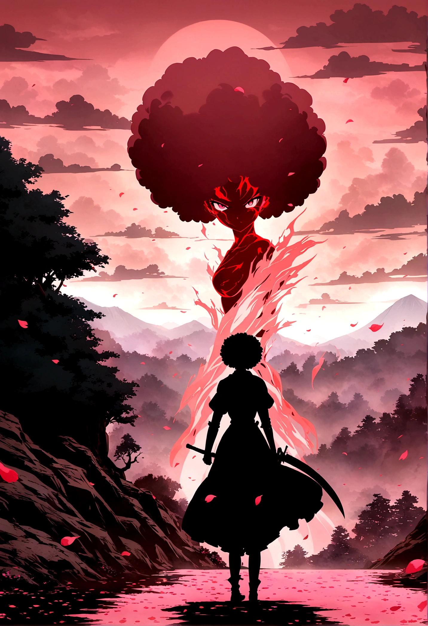 anime scene of a woman with a sword against a pink sky, Anime in the style of afro samurai, afro samurai anime style, anime epic work of art, anime beautiful world scene, unearthly anime, Anime wallpaper, Atmospheric anime, ufotable art style, unlimited number of blade jobs, emits an angry red aura, anime film background, sakura petals around her, beautiful anime scene