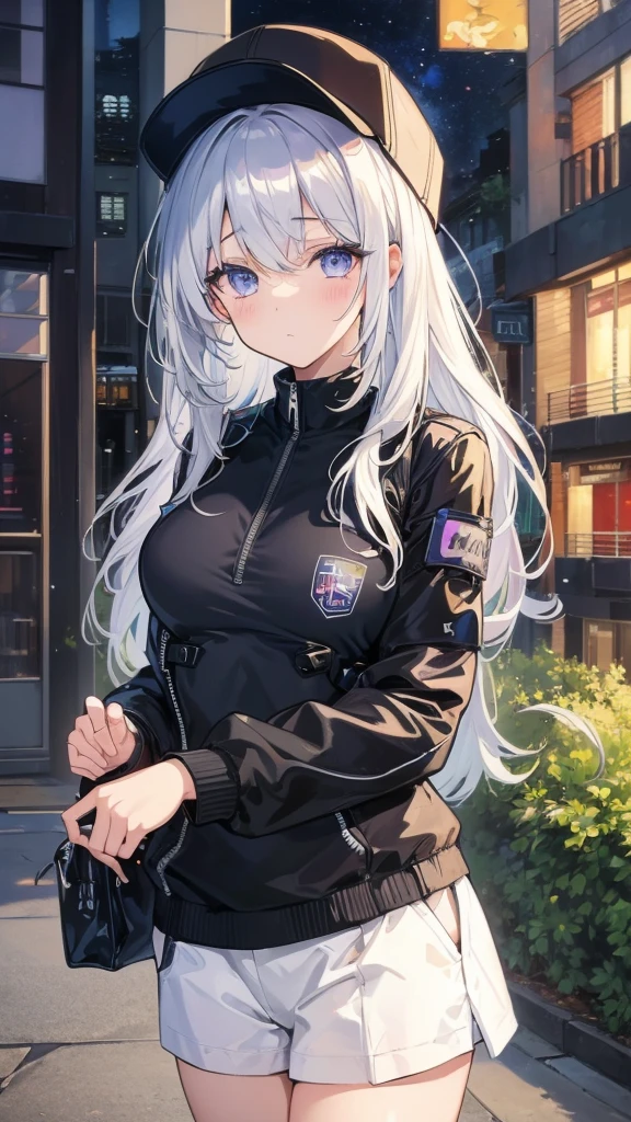 masterpiece, Highest quality, 4K, Ultra-high resolution, mishoujo, Painting, Beautiful eyes and fine face, figure, Beautiful details, high resolution figure, Shine_white_particle, One girl, white hair, Light purple eyes, Hair on one eye, Short side details, Baseball cap,Expressionless, Window Shades, Black jacket, Chest Rig, cyber punk, Techwear,(Impressionism:1.4), Vincent van Gogh