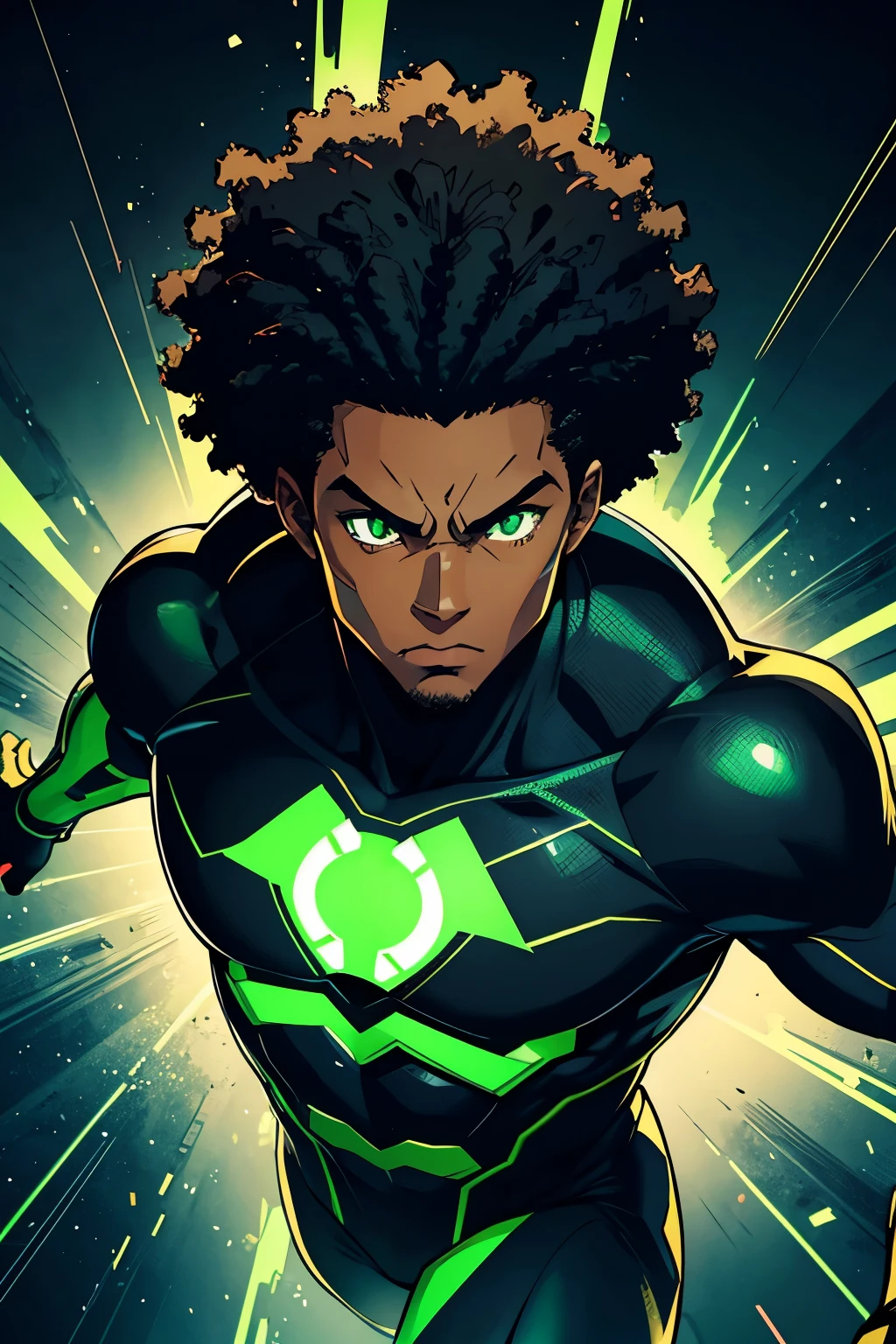 generate a black american with afro, speedster with a green and black suit, his logo on his chest is lighting, he has afro hair, and has green eyes, comic style anime bold lines 