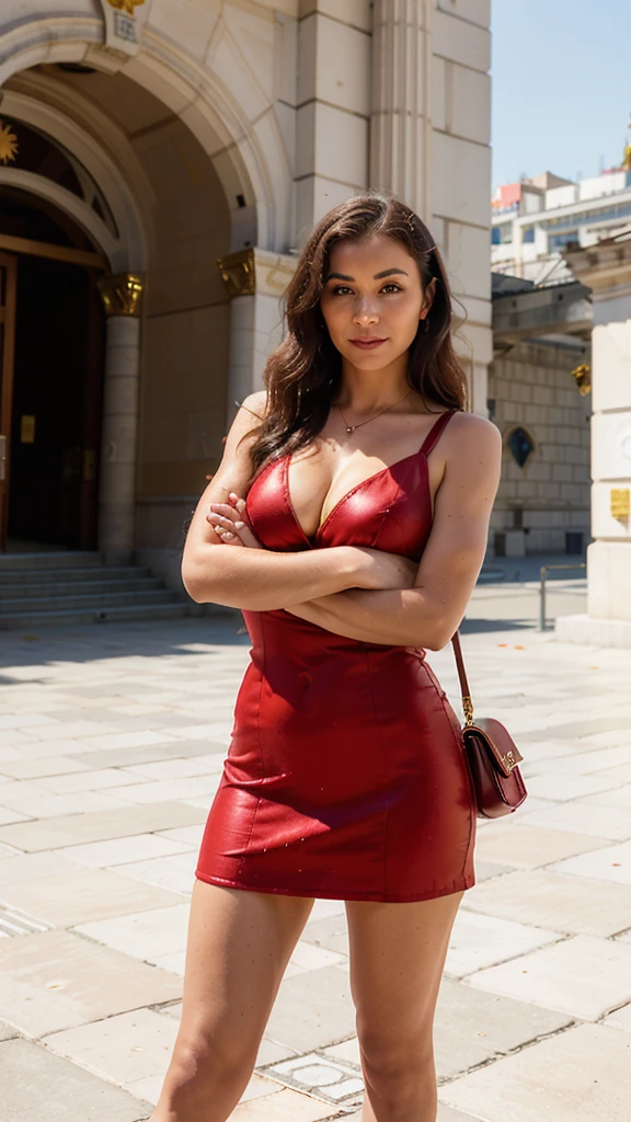 Macedonian woman standing, ((northern macecoid)), ((in the city of Skopje)), jolie corps, nice face, smirk, ((beautiful red dress with a sun)), (((place centrale dans un grand centre ville, a casino behind her))), ((place avec la statue d'Alexandre le Grand))