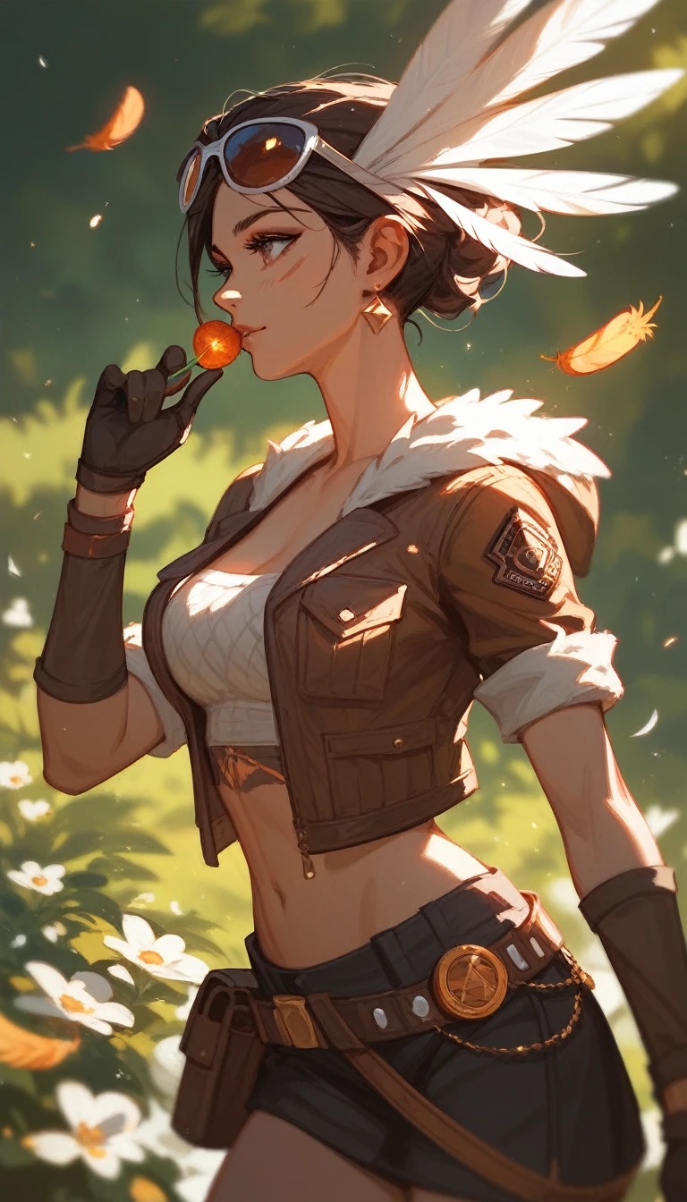 (Fraction_9,Fraction_8_Direction_7_up),1 a woman,(((bust))), A beautiful woman,hunter,Wearing animal skins,Animal bones on the body,The eagle landed on the arm,Feathers on clothes,