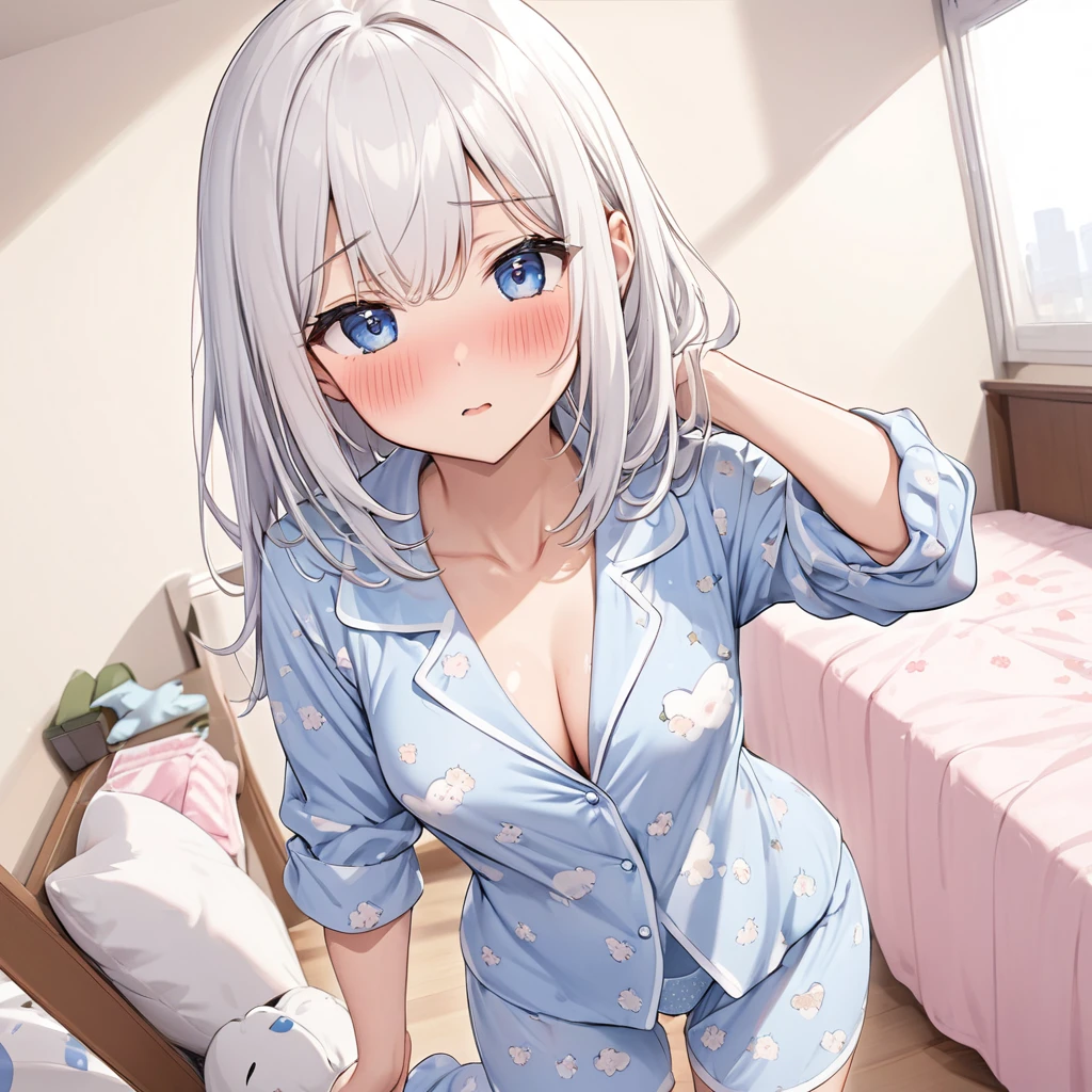 NSFW, white hair, blue eyes, medium straight hair, medium bust, adult female, solo, changing clothes, selfie, full body, blushing, shy, cute pajamas and sexy underwear, simple drawing