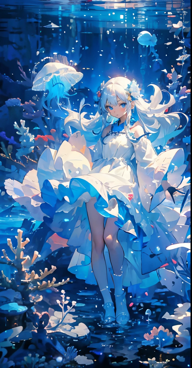(Mastepiece), (Best Quality), Very detailed、1 girl、Perfect Face、(Full body photography:1.3), Very detailedな顔、(Long white hair:1.5)、(blue eyes:1.4)、(In the water:1.4)、(White Dress:1.5)、Ocean、Coral Reef、School of small fish、Light、Bubble、jellyfish、Ocean藻、(深Ocean:1.4)、Fantasy、Ocean底、Sink