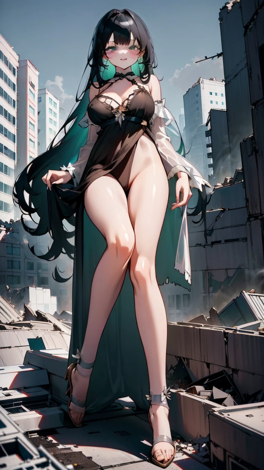 **A seductive giantess in a sheer white nightgown, with long black hair and captivating green eyes, lounges sensually atop a destroyed suburban neighborhood. Her massive body crushes houses and cars beneath her, her legs spread wide as she gazes down at the tiny residents with a look of amused disdain. Tiny humans try to flee, but she effortlessly picks up a few, teasing them with her fingers. Her voice is a sultry whisper, filled with teasing mockery. Giantess, Goddess, sexy legs, nightgown, hot,

