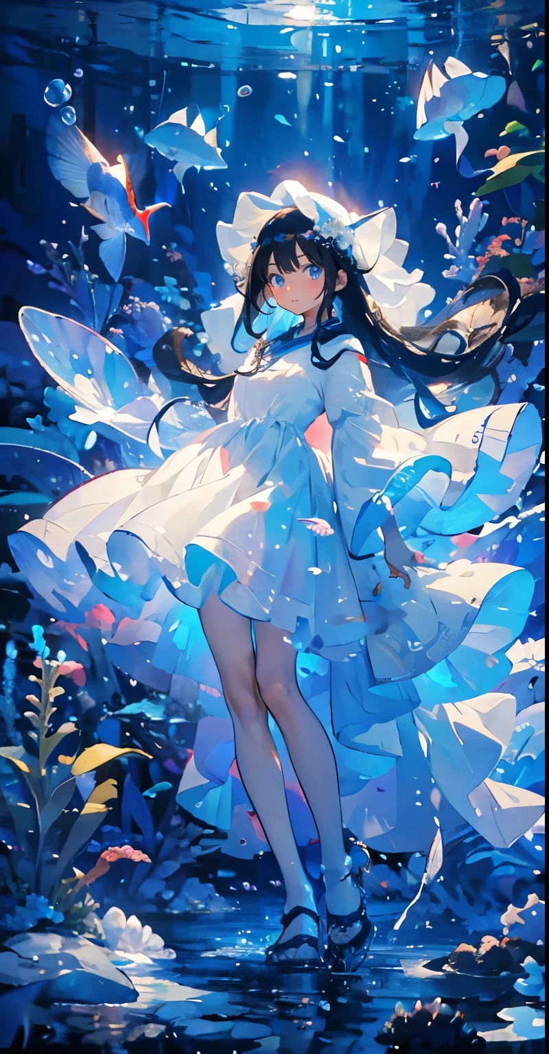 (Mastepiece), (Best Quality), Very detailed、1 girl、Perfect Face、(Full body photography:1.3), Very detailedな顔、(Long white hair:1.5)、(blue eyes:1.4)、(In the water:1.4)、(White Dress:1.5)、Ocean、Coral Reef、School of small fish、Light、Bubble、jellyfish、Ocean藻、(深Ocean:1.4)、Fantasy、Ocean底、Sink