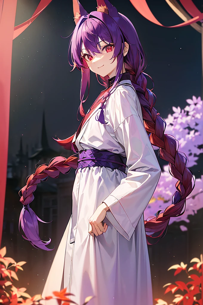 (((Purple Hair、Dye the inside of your hair red、Long Hair、Knot、Braid、Bright red eyes)))A man wearing a black robe、Smiling young man、Man standing facing forward、（（（A boy standing with a stick）、（White background）、{{masterpiece}}, The best quality of life、Fox ears、Fox&#39;s Tail、Fantasy、Nine-tailed tail、Magatama necklace