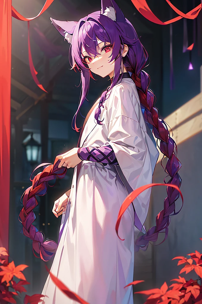 (((Purple Hair、Dye the inside of your hair red、Long Hair、Knot、Braid、Bright red eyes)))A man wearing a black robe、Smiling young man、Man standing facing forward、(((A boy standing with a stick)、(White background)、{{masterpiece}}, The best quality of life
