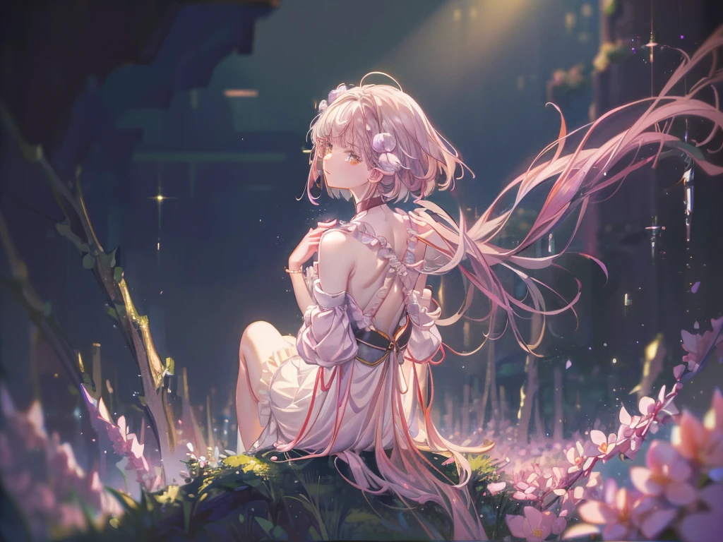(masterpiece, absurd quality, best quality, official art, beautiful and aesthetic, water color:1.2), (dark:1.5),　shiny art,16K, Detailed, curvaceous, (abstract background:1.5), (blurry background:1.5), cinematic lighting, golden ratio, beautiful lighting, Ambient Light, particles of light, Realistic Shadows,Soft Lighting, cute petit girl, extreme detailed, colorful, highest detailed, pastel color, (transform sequence), babyface, cinematic lighting, cowboy shot, looking at viewer, landscape, scenery, scenery, flower field, lipstick, eyelashes, extremely detailed face, pale skin, (perfect legs, perfect hands, perfect ???????),depth of field, dappled sunlight, beautiful lighting, (独奏:1.5), floating hair, floating cloths, ,detailed skin, highest detailed face, light particles, volumetric lighting, intricate details, finely detailed, masterpiece, best quality, (Reala:1.5), (hair ornament:1.2), red choker, (pale pink dress:1.2), (voluminous panniers:1.5), lipstick, shiny skin, shiny hair, shiny face, shiny skin, shiny clothes, abandoned building, dappled sunlight, outstretched arms, from above, renaissance period, religious painting, (from back:1.7), (from below:1.5), (closed-up shoulder:1.7), large breasts, beautiful breasts, girl around 15 years old, (upper body:1.5), (sitting, knees up,:1.5), Remains, dutch angle, sparkle background, overgrown, ruins, dynamic angle, (back:1.5), dancing, Gracefully, 
