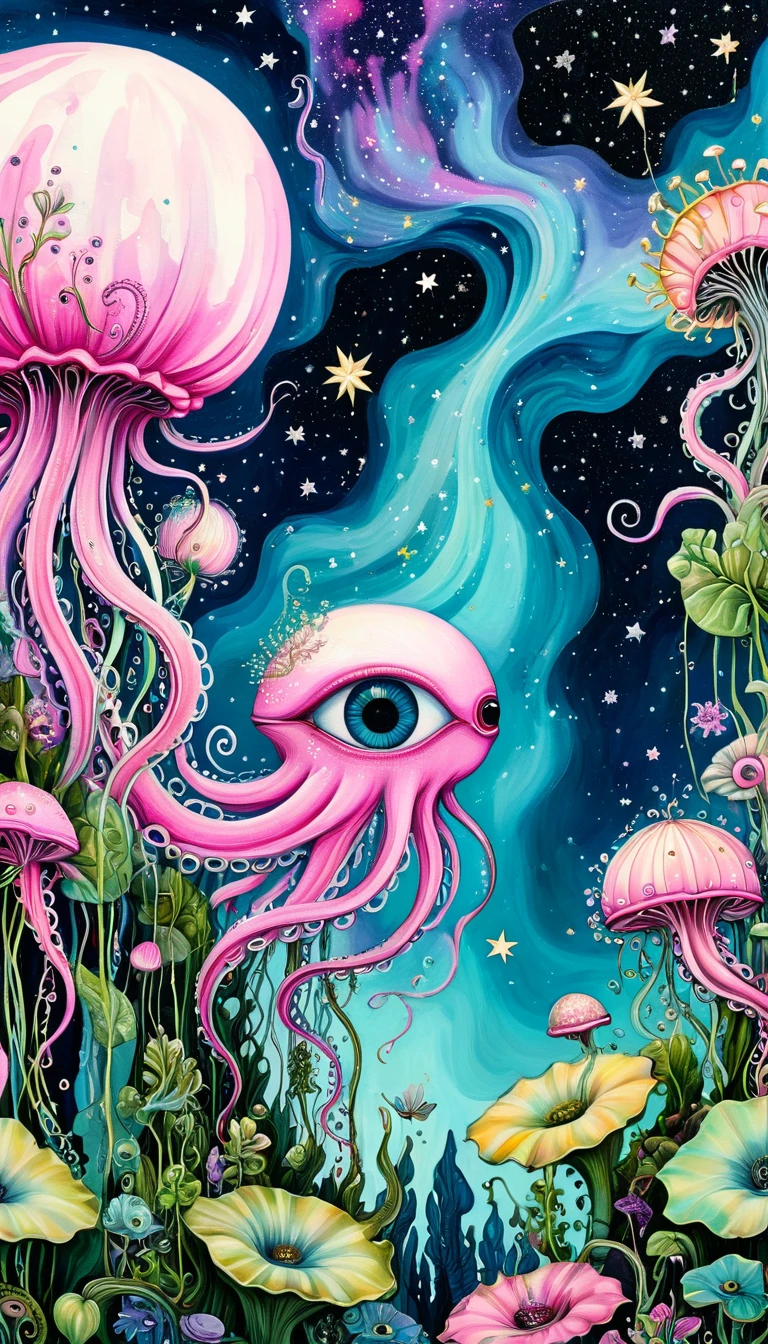 "Dick Ellescas Artist Style",birdcage,plant,Tentacles,Eye、Starry Sky,Stitching together an abstract painting,Describing the inner world of autistic people,Sense of space,White Space,interesting,Innocence,Psychedelic Art,Pink theme