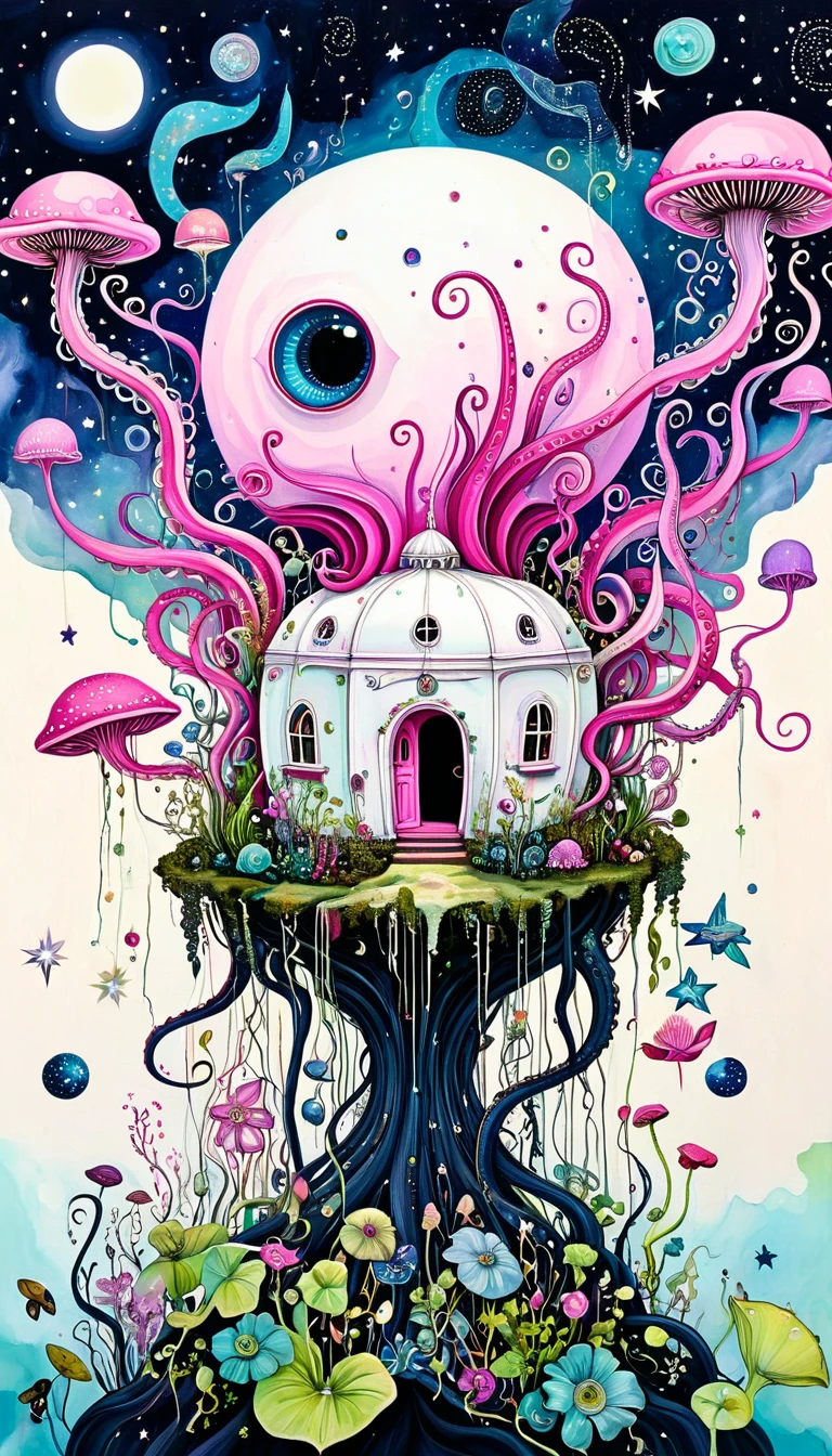 "Dick Ellescas Artist Style",birdcage,plant,Tentacles,Eye、Starry Sky,Stitching together an abstract painting,Describing the inner world of autistic people,Sense of space,White Space,interesting,Innocence,Psychedelic Art,Pink theme
