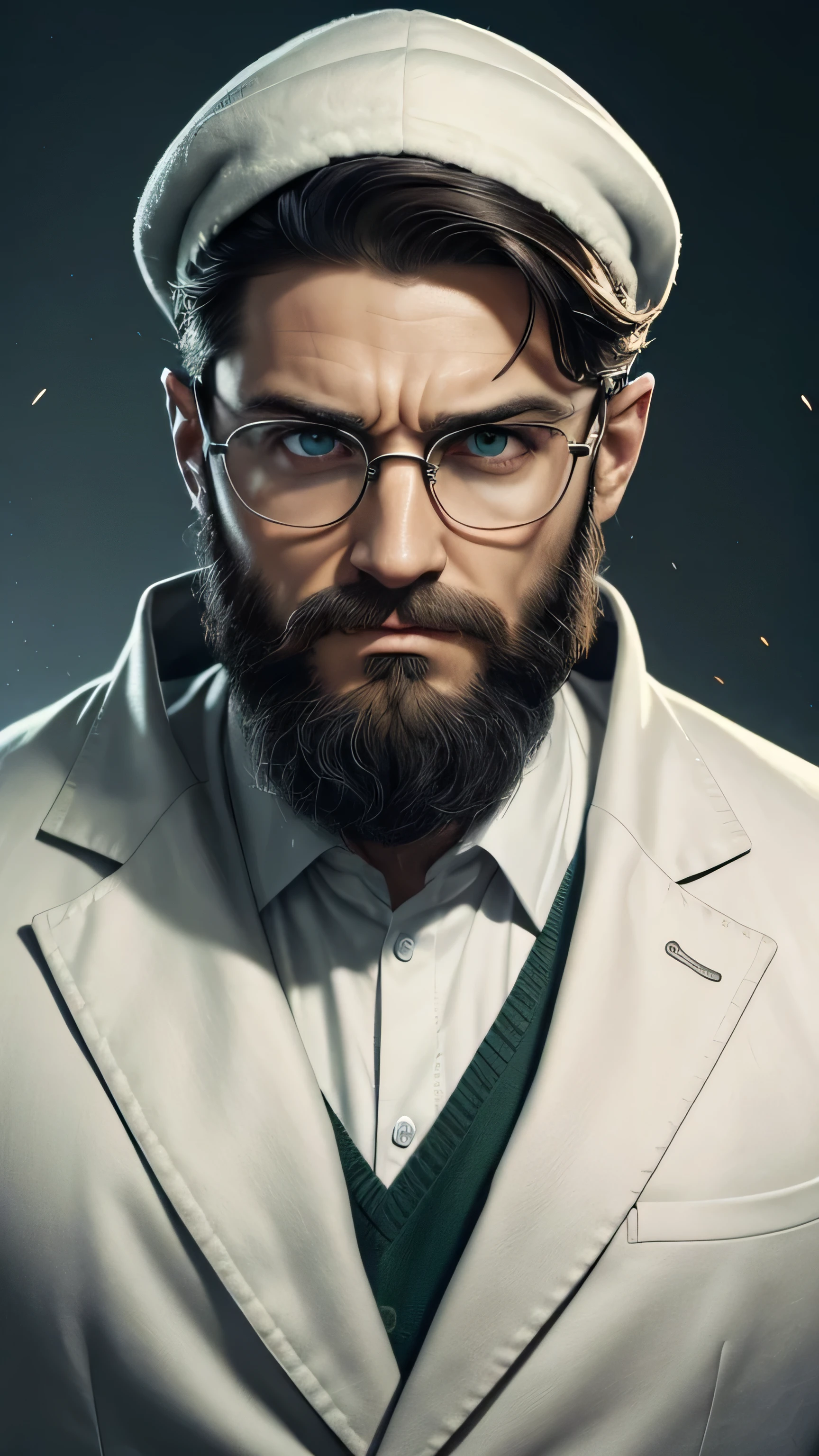 Athletic face, Very detailed green eyes, face with well-defined chin, barba, barba、hero with glasses、white coat worn by scientists、standing alone、There are also researchers、athletic body, there are scientists、Postgraduate、Trunk、highest quallity、artwork、ultra high resolution、(Photoreal:1.4) , ]in 8K, game poster